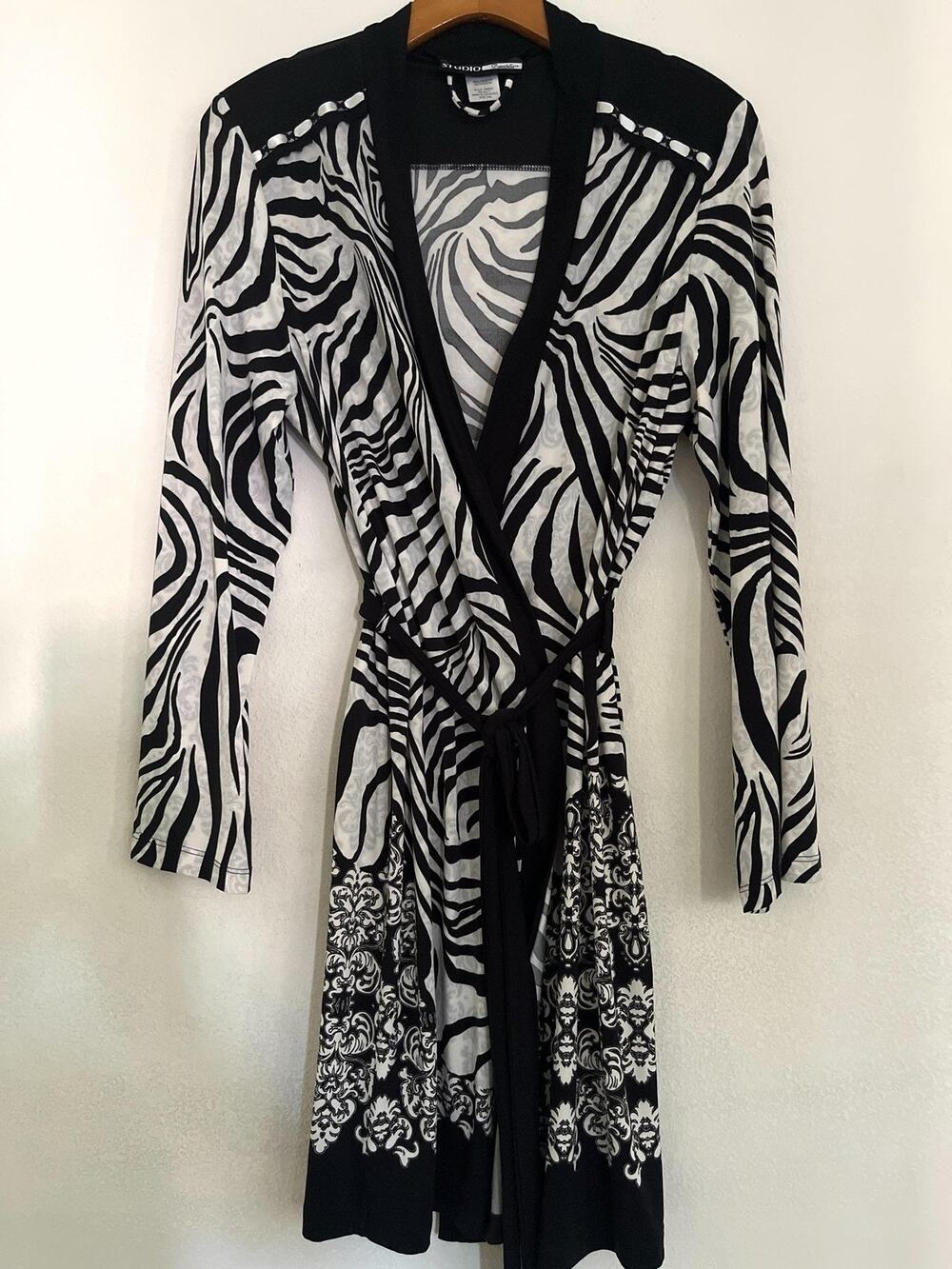 Studio Donatella Dress Womens S/M Black Zebra Print Wrap Tie Waist Knee Length